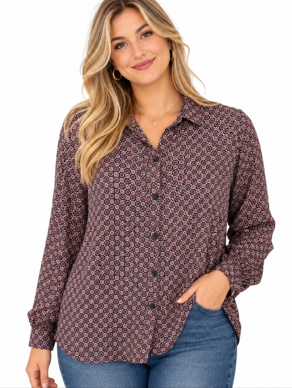 CHELSEA & THEODORE Blouse XXL Red Gray Geometric Print‎ Long Sleeve Button Up